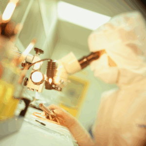 person wearing protective clothing works with a microscope
