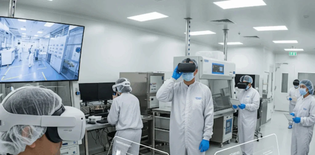 lab workers complete cleanroom safety training using virtual reality helmets