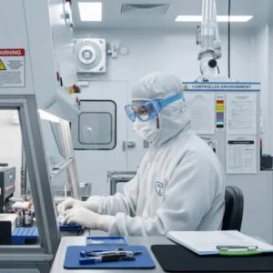 cleanroom worker wearing protective garment, mask, and goggles, working in a lab