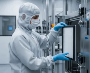 cleanroom worker wearing protective suit, gloves, and a mask, replacing an air filter