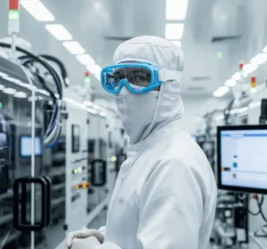 man wearing sterile protective garments and goggles in a semiconductor manufacturing facility