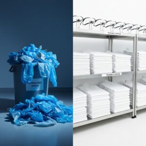 Comparison of disposable cleanroom waste versus organized reusable PPE storage